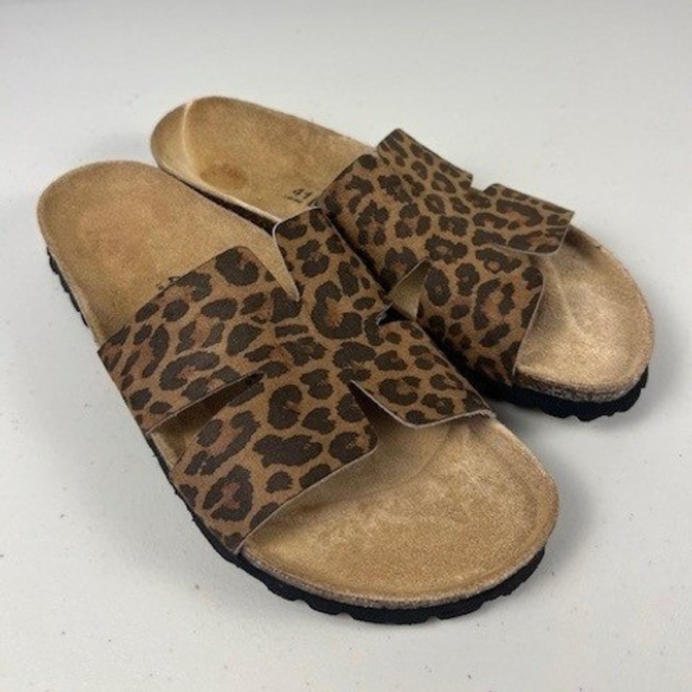 Bayton‎ Leopard Slide Sandals Cork Footbed Brown Animal Print Womens 10.5 EU41